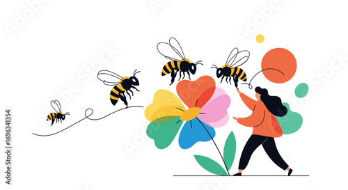 Person interacting with bees collecting nectar from a large colorful flower illustration