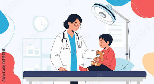 A compassionate pediatrician gently examines a young boy holding a teddy bear in a bright medical examination room setting