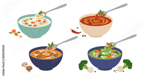 Delicious collection of four hearty and flavorful soup bowls ready to be enjoyed