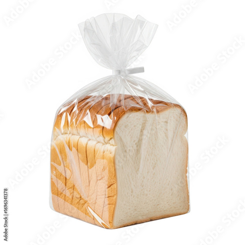 3d rendered loaf of sliced white bread in a clear plastic bag transparent background