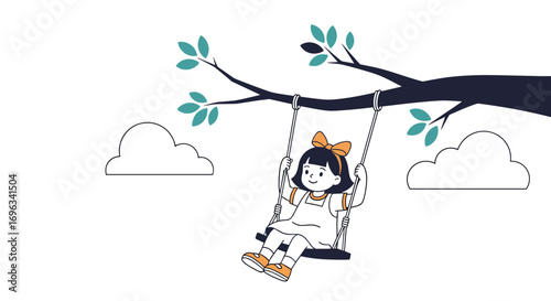 A happy young girl enjoying her time on a swing under a tree on a sunny day with clouds in the sky