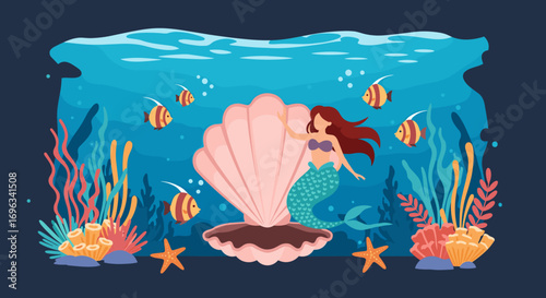 Enchanting mermaid resting inside a giant seashell surrounded by colorful coral reefs and tropical fish in a deep blue ocean