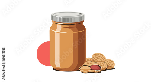 A delicious jar of creamy peanut butter beside unshelled peanuts and a red circle