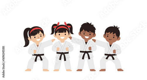 Diverse group of young children in karate uniforms practicing martial arts together