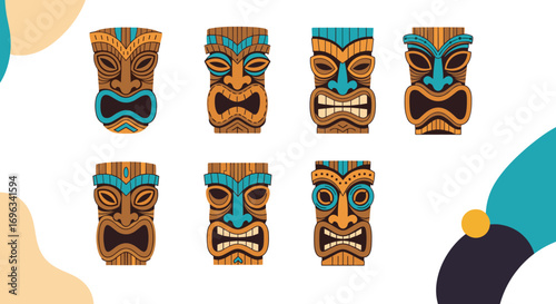 Collection of wooden tiki masks with diverse expressions and colors for tropical decoration