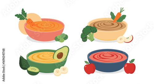 Healthy baby food purees made from fresh fruits and vegetables for infant nutrition