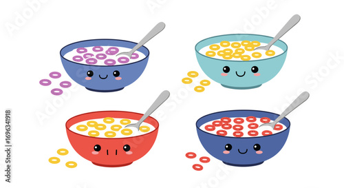 Four adorable cereal bowls with cute faces and spoonfuls of colorful breakfast rings enjoying their morning meal together