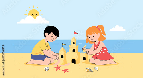 Two happy young children building a magnificent sandcastle together on a sunny beach by the ocean waves with seashells and starfish scattered around them