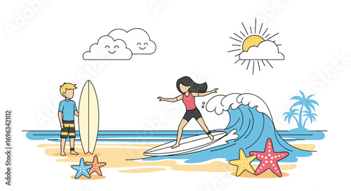 Summer vacation scene with surfing couple enjoying beach activities under sunny sky with clouds