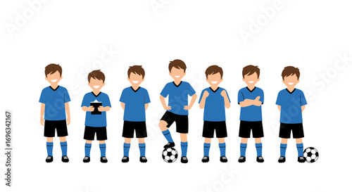 A group of young boys in blue soccer uniforms ready for the game ready to play together with enthusiasm