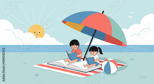 Children enjoying a sunny day reading books under a colorful umbrella at the beach