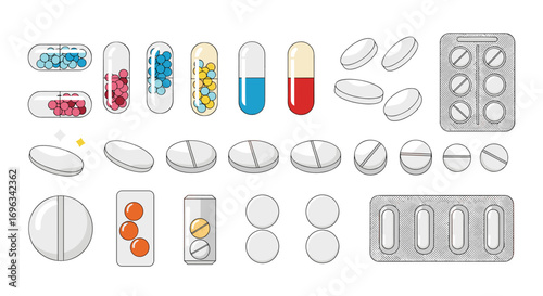 Various pharmaceutical medicine pills capsules and blister packs representing health care and treatment options