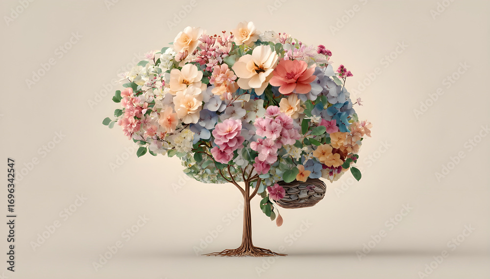custom made wallpaper toronto digitalHuman brain tree with flowers, self care and mental ealth concept, positive thnking, creative mind