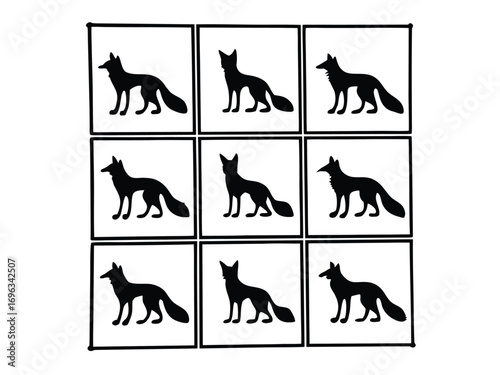 Simple and modern repeating pattern of nine identical black fox silhouettes arranged in a neat grid on a white background