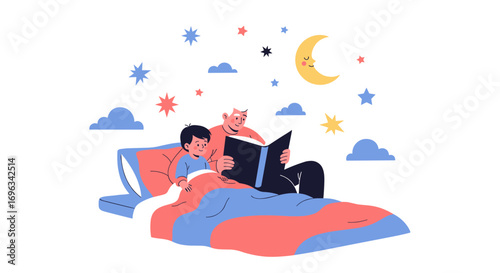 Grandfather and grandchild reading a bedtime story together under the night sky