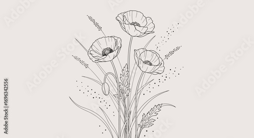 Delicate line art illustration of three poppies among wheat stalks and speckled accents