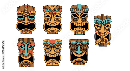 Collection of seven vibrant tropical tiki masks showcasing detailed wooden carvings and colorful tribal designs