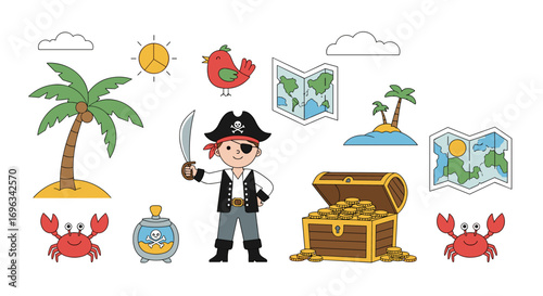 Adventures of a young pirate seeking hidden treasure across the seas discovering islands and wildlife