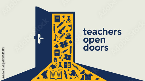 Open door filled with education icons and the text teachers open doors in navy blue color scheme design