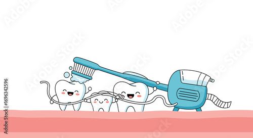 Happy cartoon teeth and a giant toothbrush and dental floss promoting healthy dental care habits