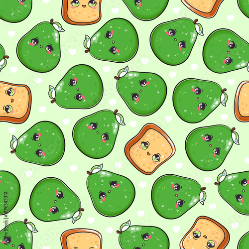 Kawaii avocado and toast seamless pattern