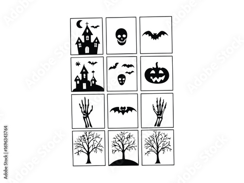 Vector collection of spooky Halloween symbols in a grid layout. Black and white clip art set with pumpkin, skull, bat, and haunted mansion icons
