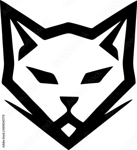 Stylized Black and White Cat Head Illustration, Geometric Design of a Feline Face, Vector Art