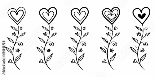 Handdrawn Heart Flowers and Swirls.