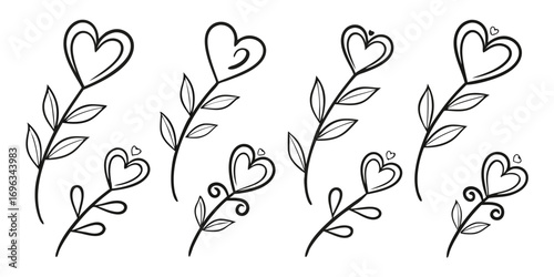 Handdrawn Heart Flowers with Leaves Collection.