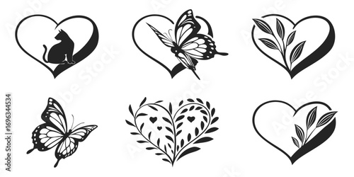 Heart Designs with Cat Butterfly and Floral Elements.