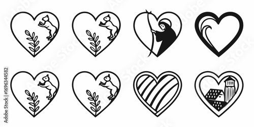 Heart Icons Collection with Animals Nature and Buildings.