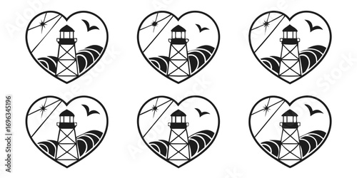 Heart Shaped Lighthouse Nautical Scene Vector Art.