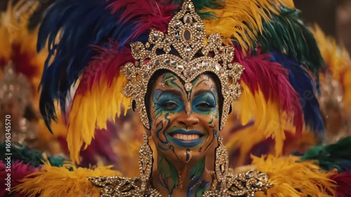 Happy woman in carnival costume with colorful feathers sings at parade showing joyful celebration this beautiful dancer is a symbol of brazil festival this is a very vibrant party