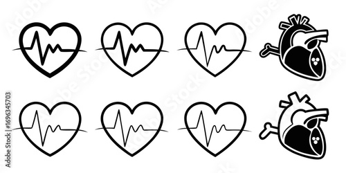 Heartbeat Cardiogram and Anatomical Heart Icons.