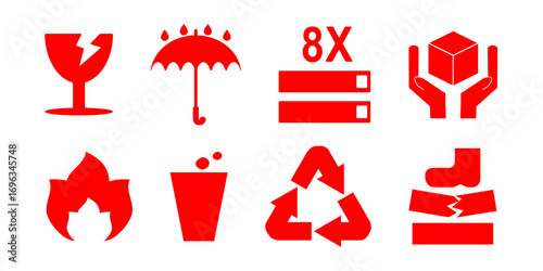 Fragile sticker design shows glass, umbrella, and package icons for shipping and delivery safety labels.