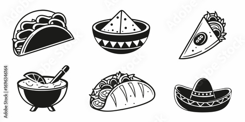 Mexican Food Icons Tacos Nachos Sombrero Guacamole.