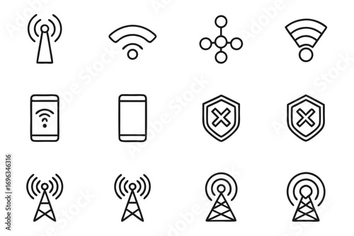 Collection of 12 Hand Drawn Icons for Wireless Communication and Security wifi signal