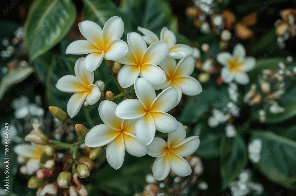 Fototapeta premium Green backdrop with frangipani blossoms