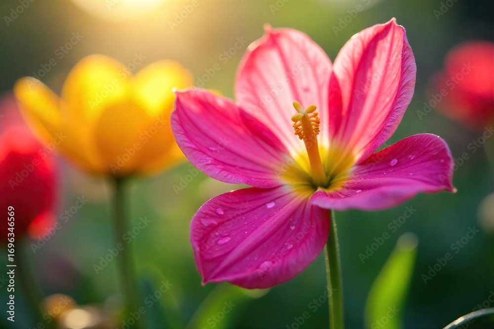 Fototapeta premium Close-up of vibrant flowers, petals unfurling to reveal their fragrant heart, dew drops glistening, sunlight illuminating the scene, a burst of springtime freshness , flower power, vibrant