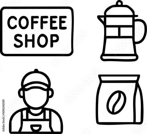 Coffee Shop Icons Set with Barista and Brewing Elements.