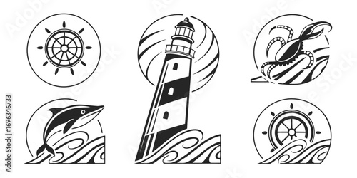 Nautical Icons Collection Lighthouse Dolphin Octopus Ship Wheel.
