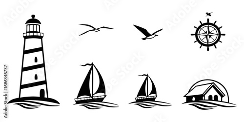 Nautical Icons Collection Lighthouse Sailboats Seagulls Ship Wheel and House.