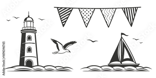 Nautical Scene with Lighthouse Sailboat and Seagulls.
