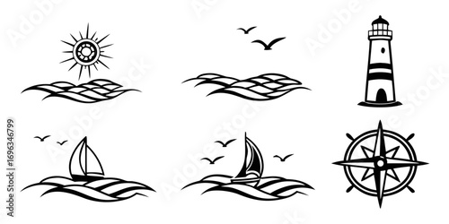 Nautical Icons Set Sun Waves Lighthouse Sailboat Birds Compass.