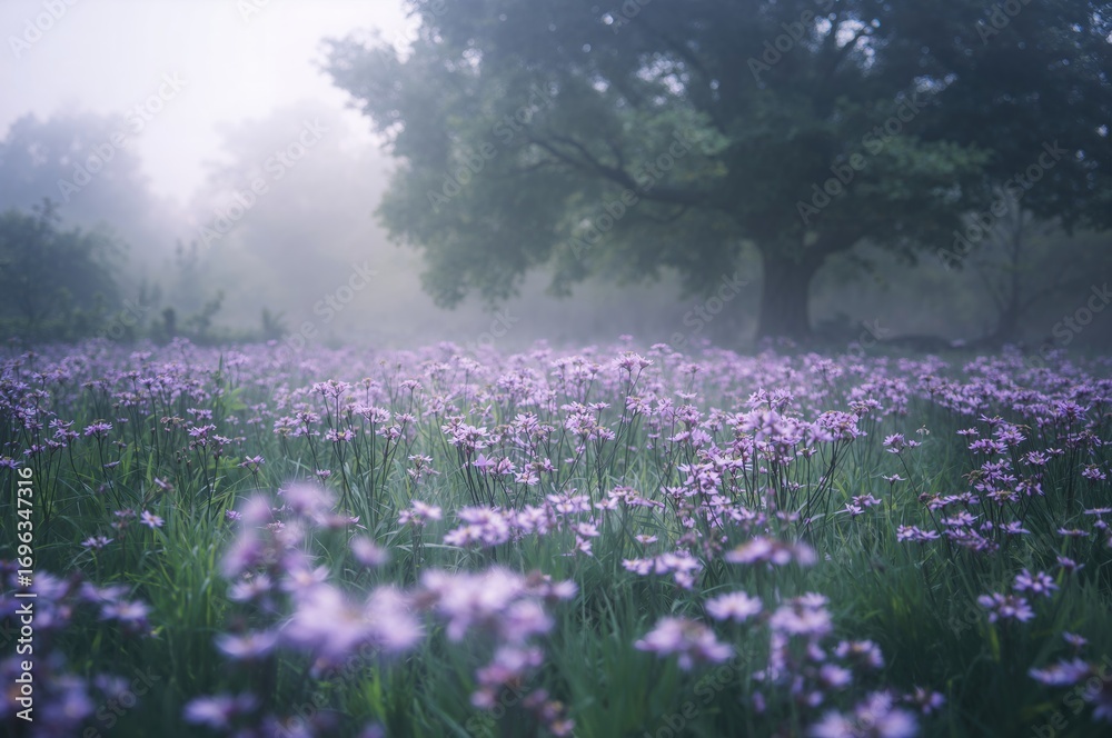 Naklejka premium Misty atmosphere surrounding stunning purple blossoms, greenery, and forest scenery in springtime