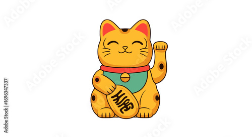 Lucky fortune kitty waving paw holding coin japanese maneki neko illustration vector art design on transparent background