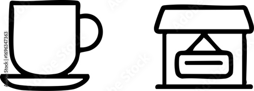 Minimalist Coffee Cup and Cafe Storefront Icons.