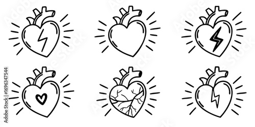 Set of Six Anatomical Heart Illustrations with Symbols.