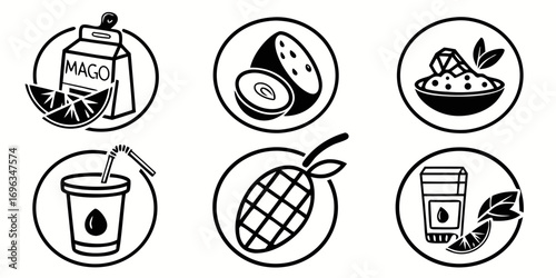 Set of Six Fruit and Drink Icons.