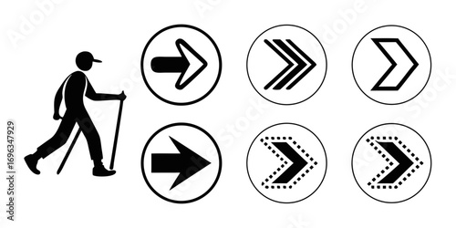 Silhouette of hiker with directional arrow icons.